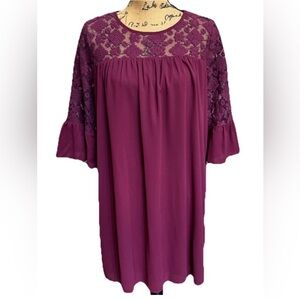 Pleione Burgundy Maroon Shift Dress Med Lace Bodice 3/4 Bell Sleeve Lined